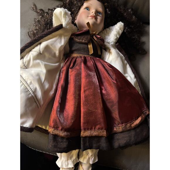 -DOLL PORCELAIN swan collection Long Brown Curly Hair Blue Eyes 21” - Picture 8 of 13